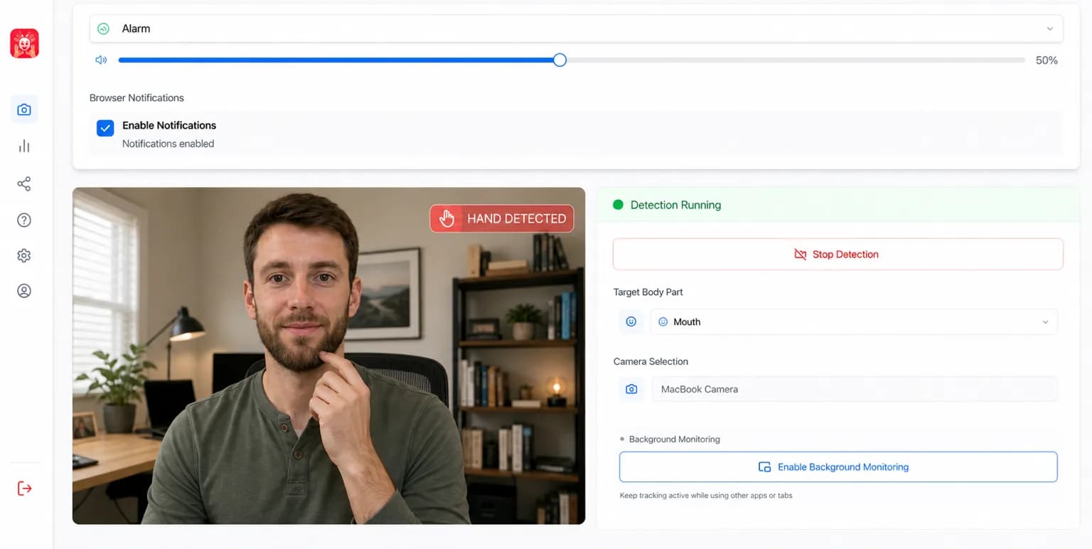 Leave Your Face Alone webcam monitoring interface showing real-time detection with live camera feed, detection controls, and target body part selection